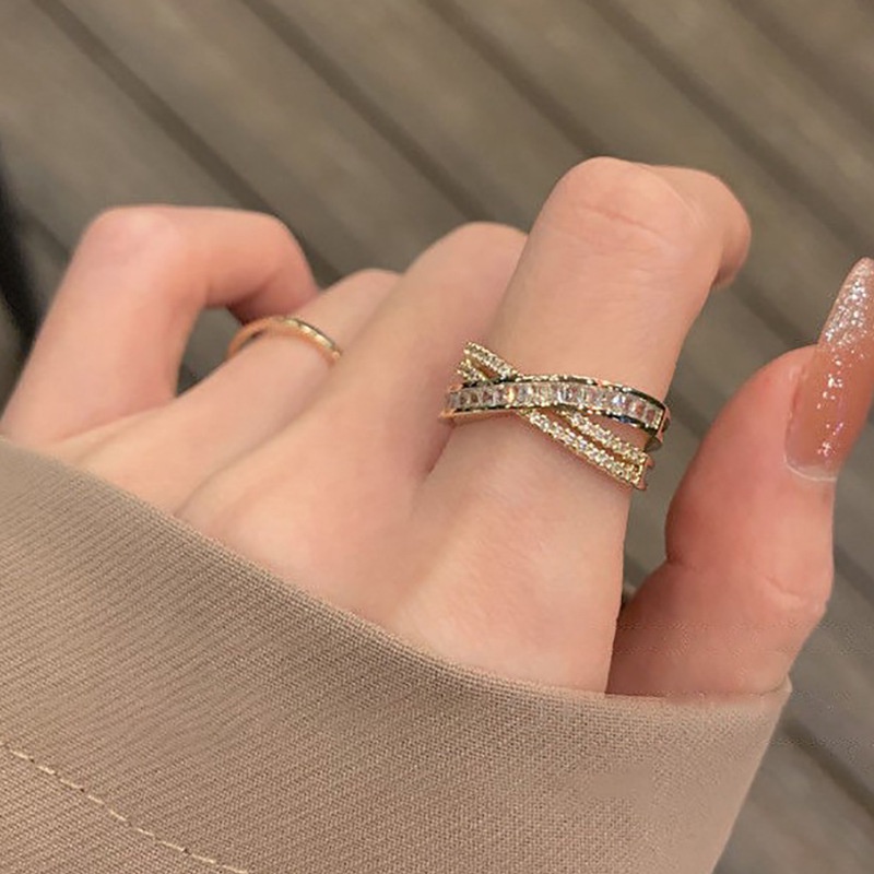 Anello aperto a forma di X regolabile con zirconi incrociati alla moda coreana_voghion.com