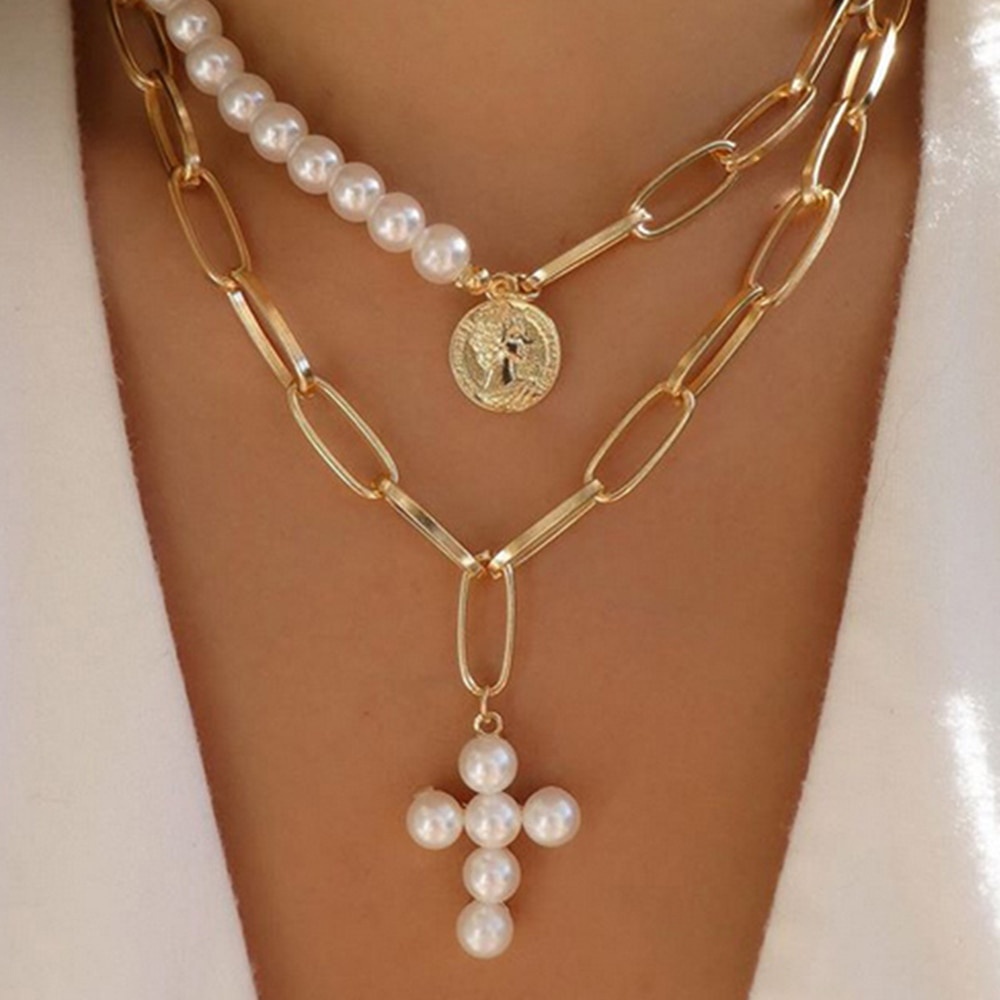 Collana multistrato con ciondolo a croce moneta e perla donna_voghion.com