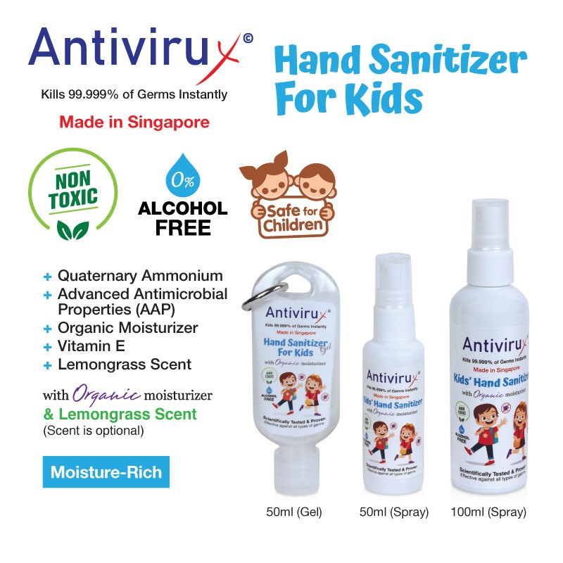 Kid's Hand Sanitizers (Spray/Gel) Non-Alcohol, Non-Toxic, 99.999% efficacy against all germs instantly