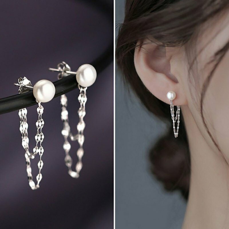 Orecchini a lobo con perle finte e catenella a nappina punk_voghion.com