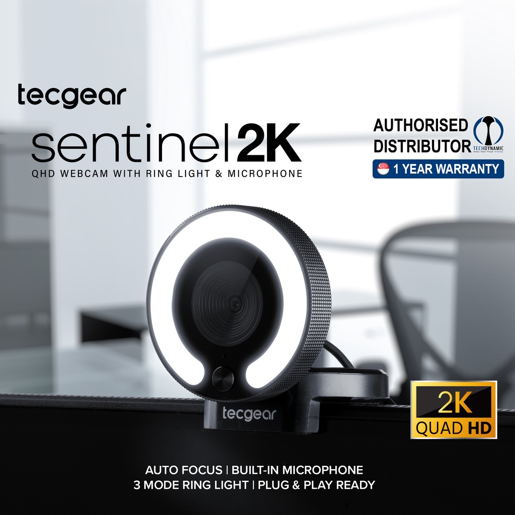 [SG Ready Stock] Tecgear Sentinel 2K QHD Auto Focus Webcam with Ring Light, Built-in-Microphone