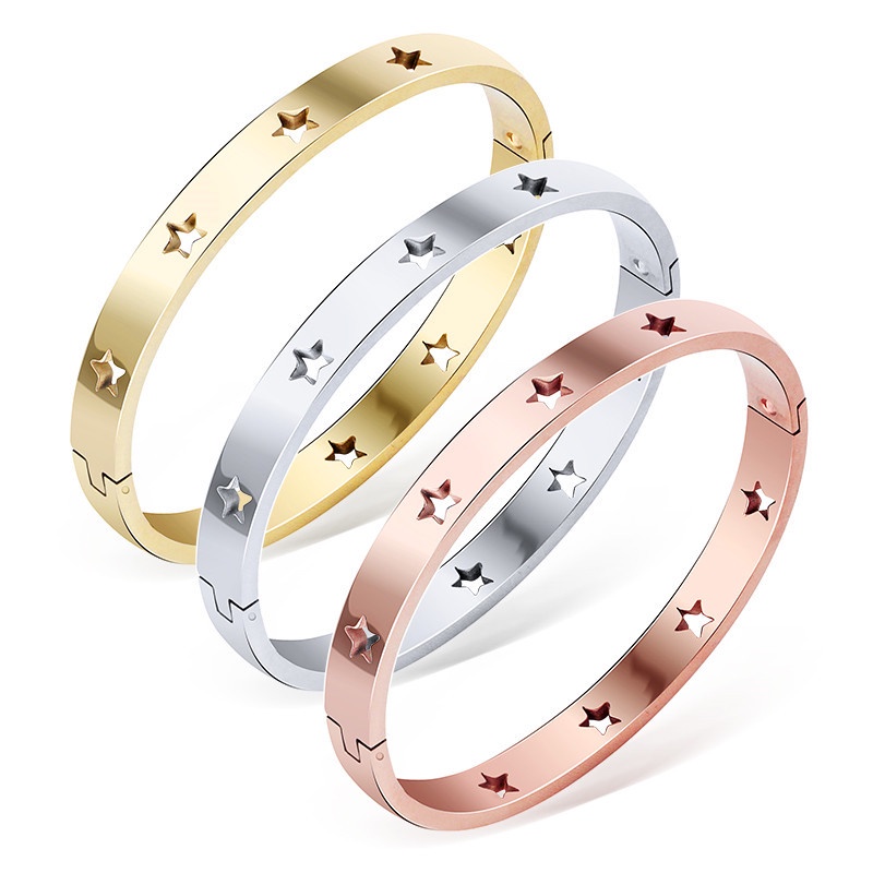 Pulseira e bracelete de aço titânio com estrela vazada banhada a ouro, pulseira feminina da moda, joia de pulso_voghion.com