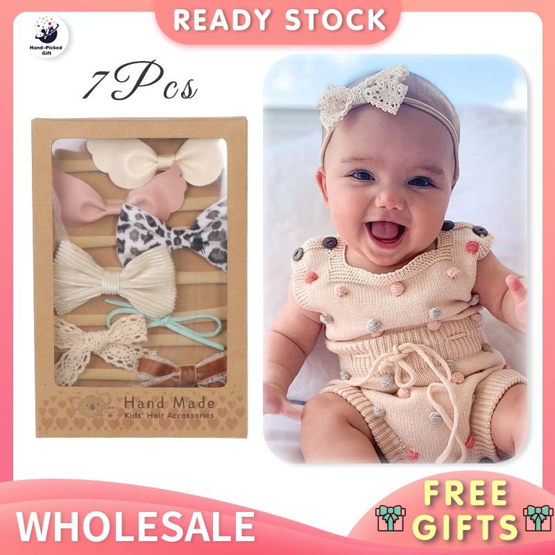 ✿Ready Stock✿ 7Pcs/Set Baby Girl Headband 0-12months Lovely Elastic Nylon Bow Hairband Kids Children Hair Accessories