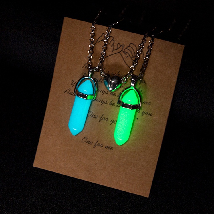 2Pcs/Set Luminous Hexagonal Column Heart Pendant Couple Magnetic Necklace Natural Stone Geometric Pendant Necklace set_voghion.com