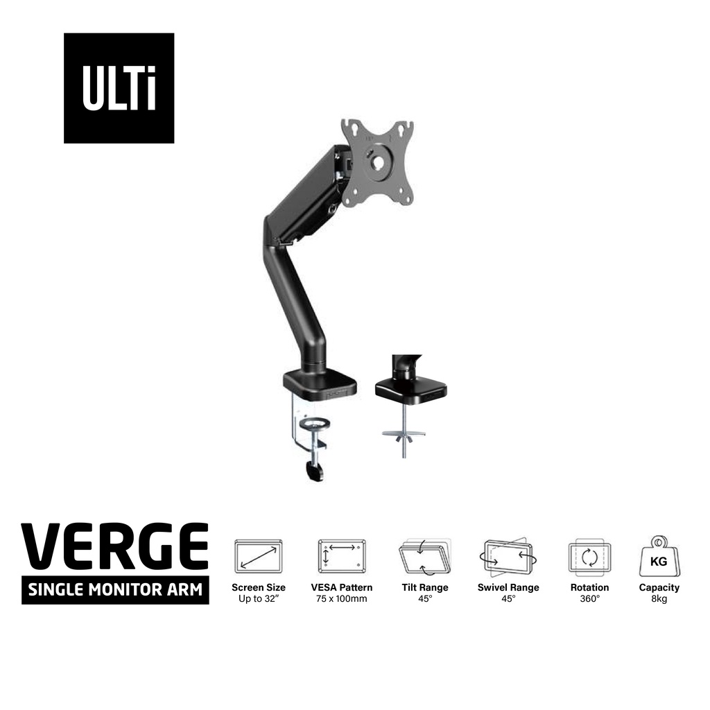 ULTi Verge Gas Spring Monitor Desk Mount, Full Motion Swivel Monitor Arm, VESA Stand with C Clamp, Grommet Mounting