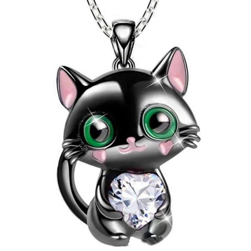Collier pendentif chat noir cœur en cristal pour femme et homme_voghion.com