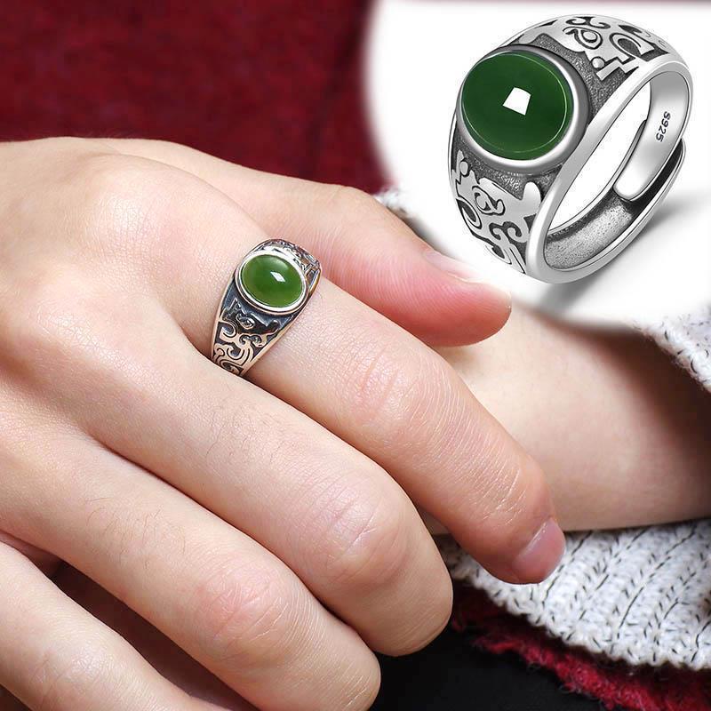 Anello da uomo placcato in argento con diaspro di giada Hetian imitazione Anello aperto con smeraldo vintage_voghion.com