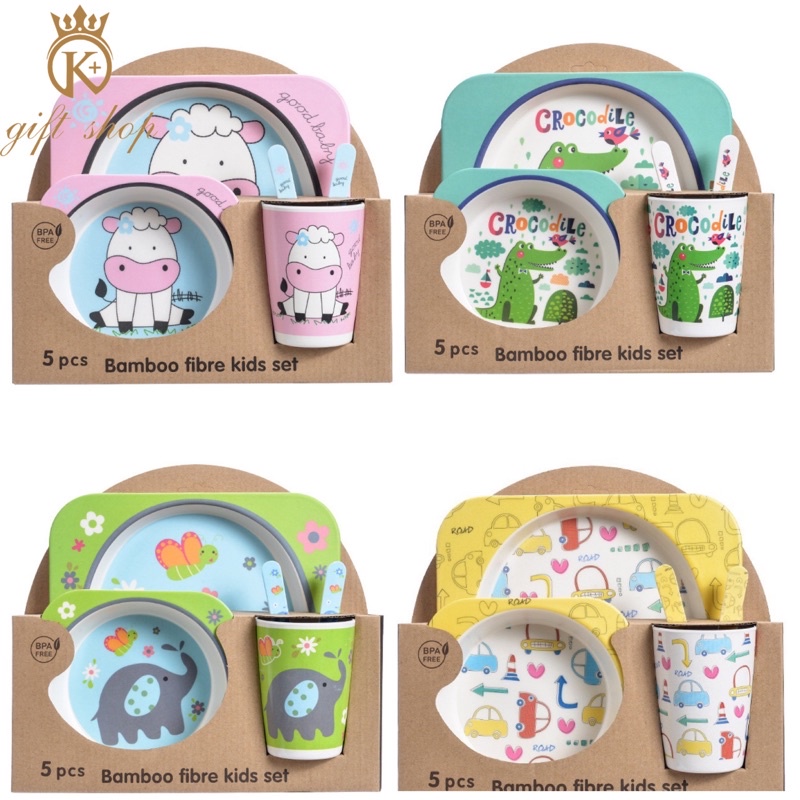 5Pcs/Set Kids Bamboo Fiber Tableware Cartoon Pattern Toddler Plate & Cup Utensil Spoon & Fork