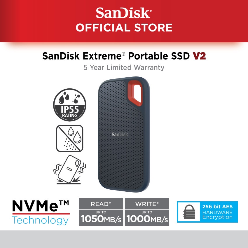 SanDisk Extreme Portable SSD V2 SDSSDE61 NVMe Solid State Drive 1050MB/s 256-bit AES Hardware Encryption 5 Year Warranty