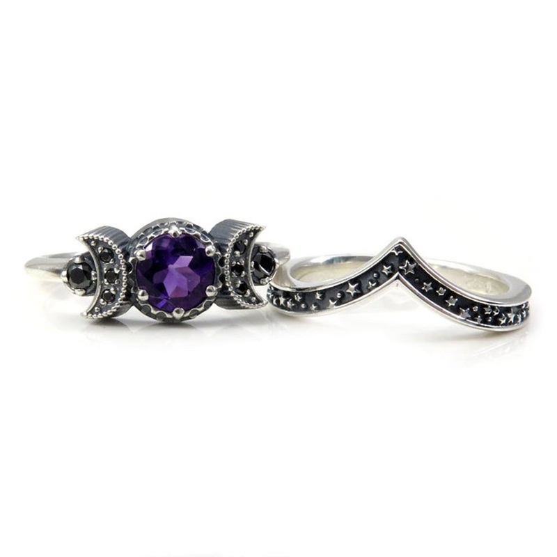 Anello luna gotico con cristallo viola e zircone nero donna_voghion.com