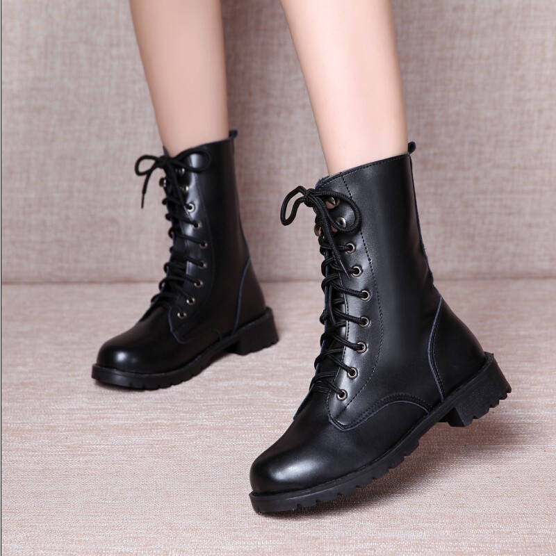 Women's Mid Calf Boots Fashion Leather Lace Up Mid Heel Round Toe Motorcycle Martin Boots Ladies Black Shoes