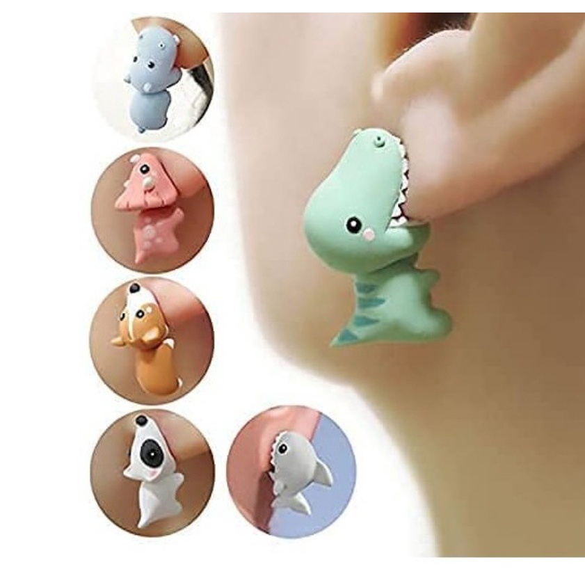 1 paire de boucles d'oreilles de morsure d'animal mignon, boucles d'oreilles de dessin animé en argile douce, boucles d'oreilles de morsure de tyrannosaure, boucles d'oreilles de dinosaure, cadeaux de fête amusants_voghion.com