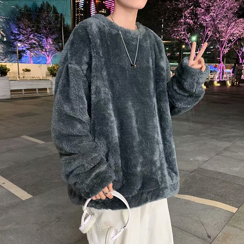 羊羔毛衛衣男 寬鬆韓版 潮流長袖t恤 圓領套頭衛衣 冬季加厚法蘭絨上衣 保暖打底衫
