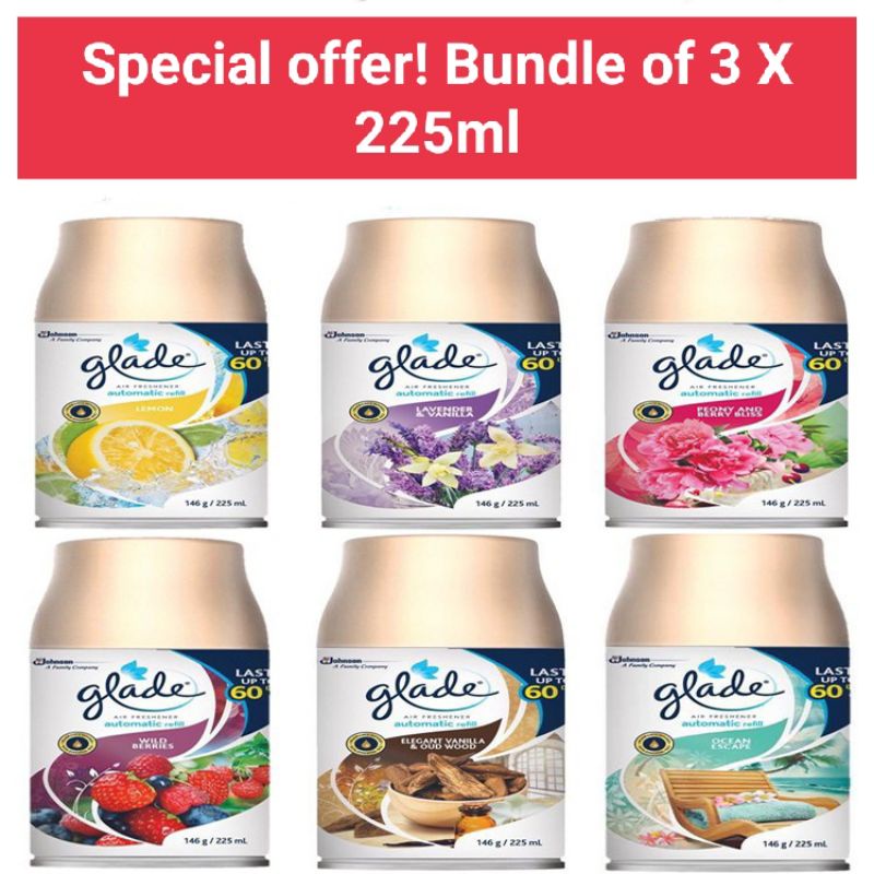 Bundle of 3 Bottles X 225ml Glade automatic spray refill glade refill