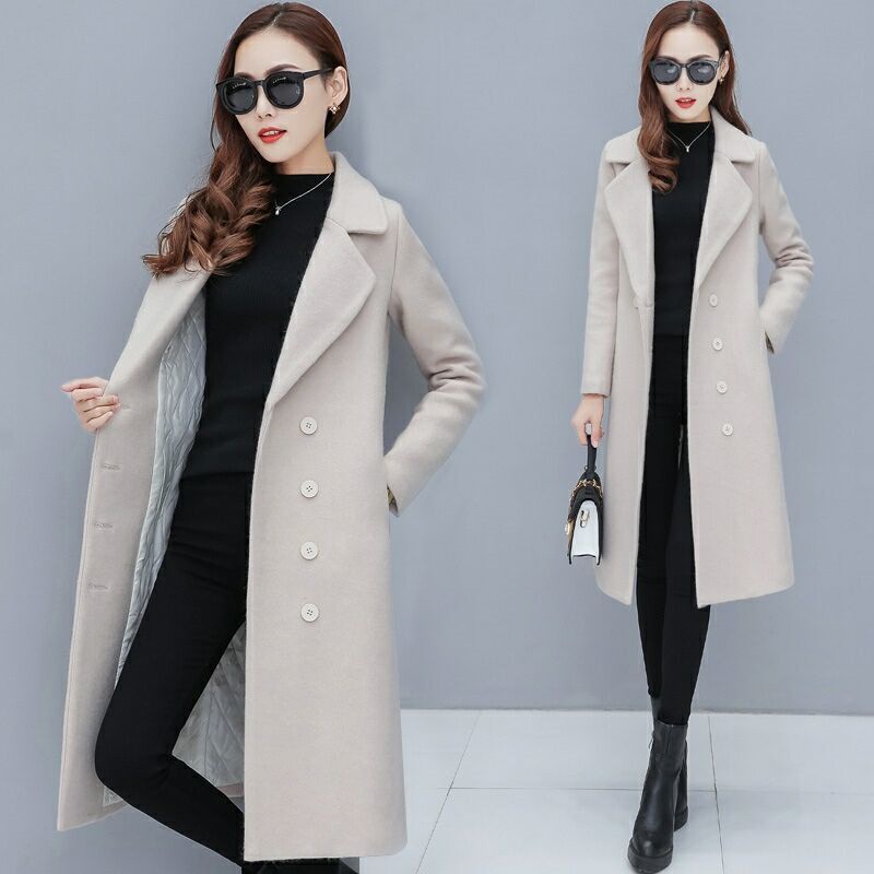 Autumn Winter Warm Woolen Coat Young Ladies Mid-Length Simple Long-Sleeved Co
