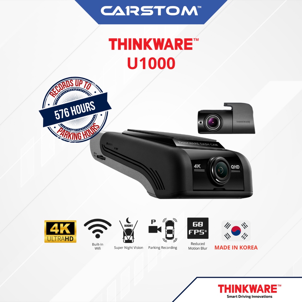 Thinkware U1000 2CH Car Dashcam 64GB SD 4K UHD Front/2K Rear Cam, WiFi app, Super Night Vision,Sony Sensor, Parking mode