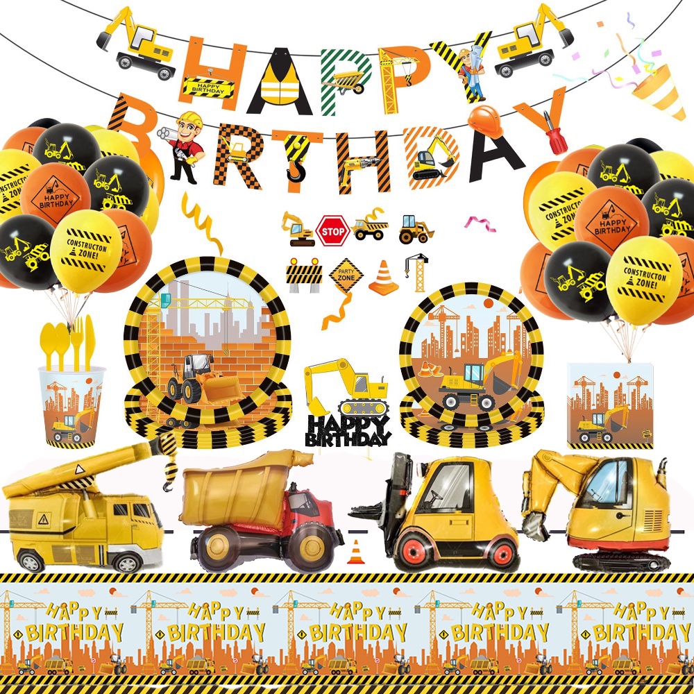 Truck Construction Theme Tableware Kids Boys Birthday Party Supplies Decorations Banner Balloons Set