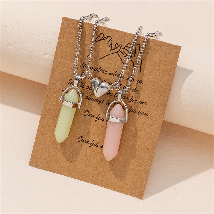 2Pcs/Set Luminous Hexagonal Column Heart Pendant Couple Magnetic Necklace Natural Stone Geometric Pendant Necklace set_voghion.com