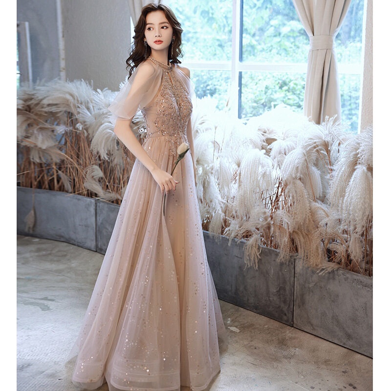 Elegant Champagne Evening Dress Dinner Party Fairy Bridesmaid Dream Forest 2022 New Banquet Temperament Host Dresses