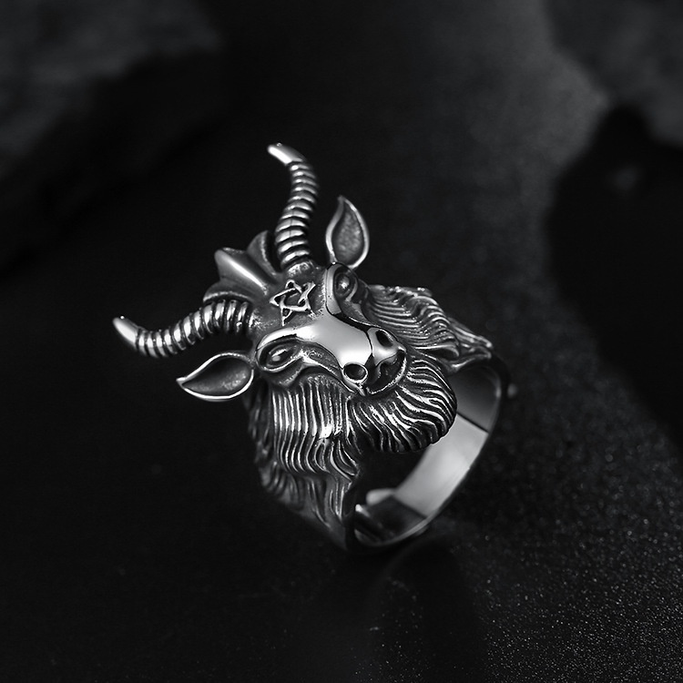 Fashion Big Sheep Goat Horn Head Ring Satan Worship For Men Unique Biker Punk Animal Jewelry_voghion.com