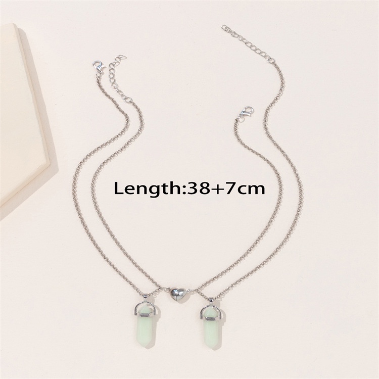2Pcs/Set Luminous Hexagonal Column Heart Pendant Couple Magnetic Necklace Natural Stone Geometric Pendant Necklace set_voghion.com