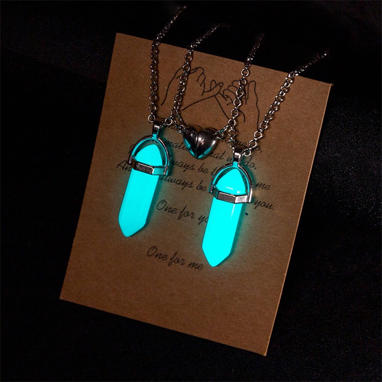 2Pcs/Set Luminous Hexagonal Column Heart Pendant Couple Magnetic Necklace Natural Stone Geometric Pendant Necklace set_voghion.com