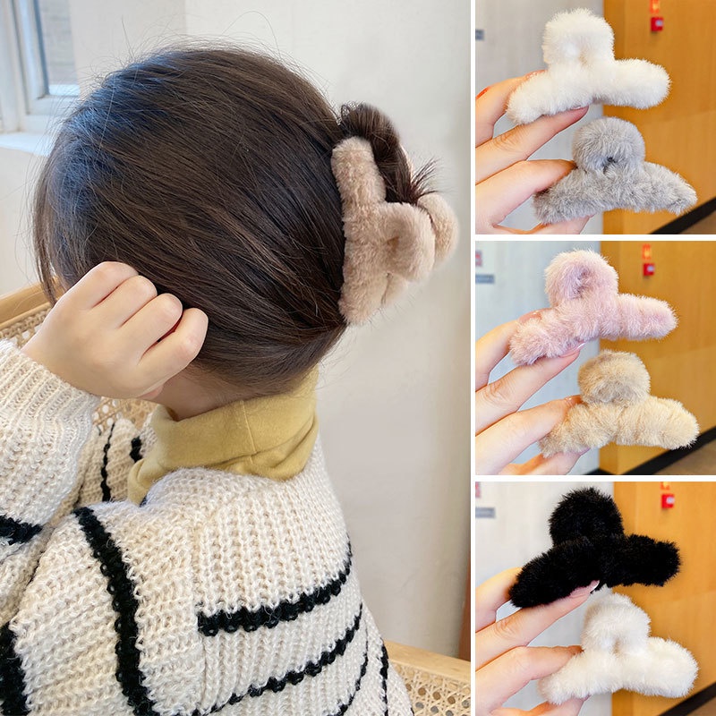 儿童毛绒发夹 Kid's Plush Hair Clips Hairpin Back Head Small Shark Clip Korean Solid Color Small Plush Grab Clip Hair Accessories