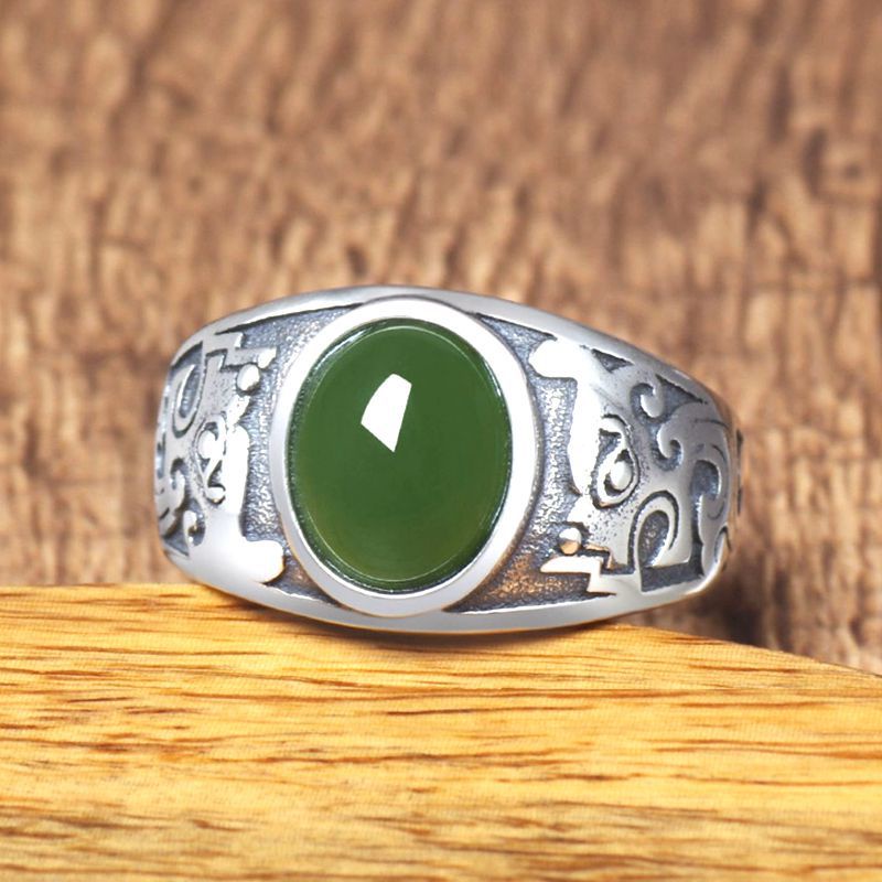 Anello da uomo placcato in argento con diaspro di giada Hetian imitazione Anello aperto con smeraldo vintage_voghion.com
