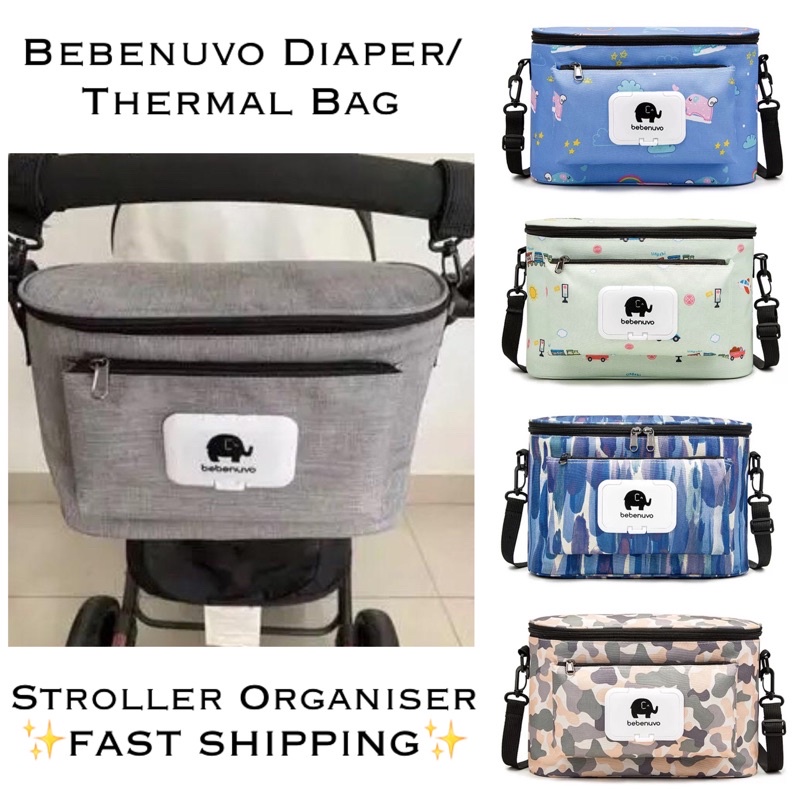 ?? Bebenuvo Stroller Organiser Multi Storage Thermal Bottle Wet Wipes Sling Bag