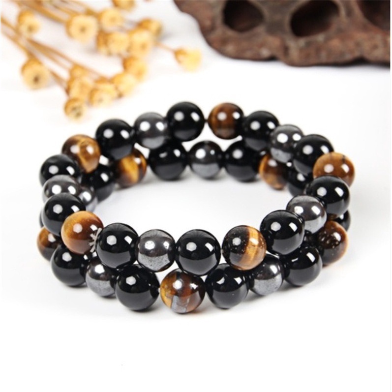 Bracelets en obsidienne noire naturelle et hématite, perles en œil de tigre pour hommes, pour la Protection magnétique de la santé, 8mm_voghion.com