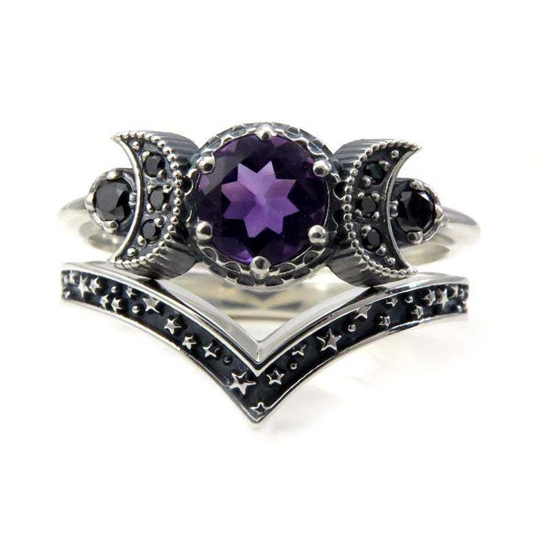 Anello luna gotico con cristallo viola e zircone nero donna_voghion.com