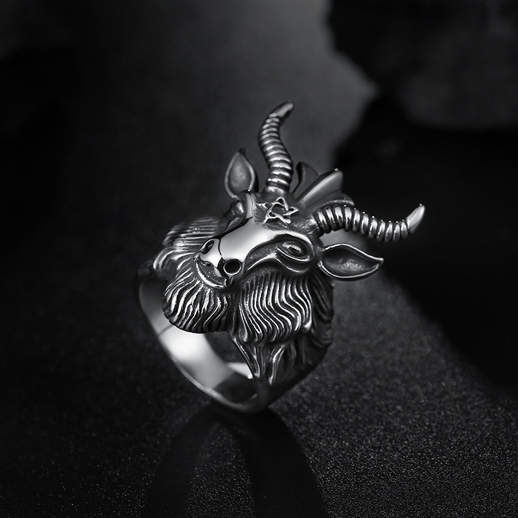 Fashion Big Sheep Goat Horn Head Ring Satan Worship For Men Unique Biker Punk Animal Jewelry_voghion.com