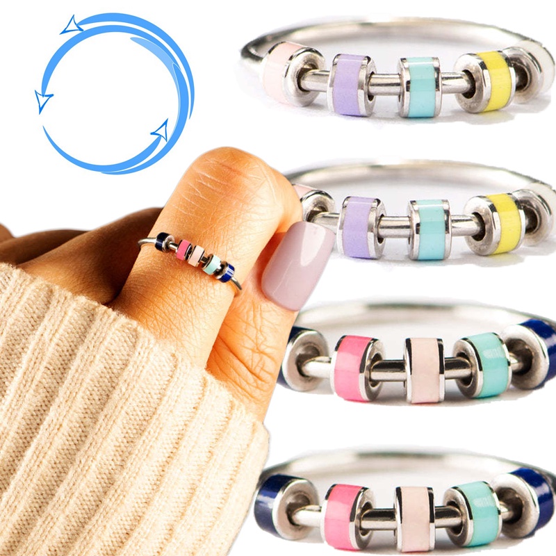 New Anxiety Rings Colorful Enamel Unisex Fidget Ring with Bead Worry Stress Relief_voghion.com