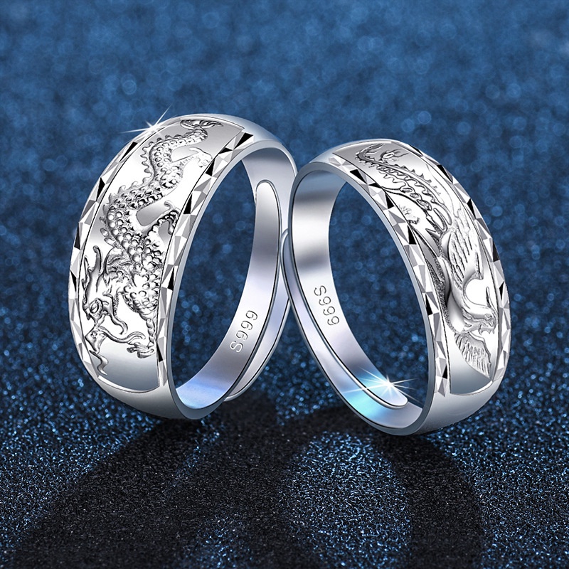 Dragon And Phoenix Couple Ring Adjustable Open Design Unisex_voghion.com
