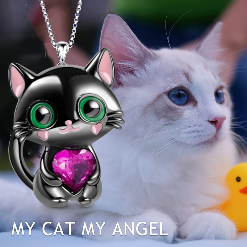 Collier pendentif chat noir cœur en cristal pour femme et homme_voghion.com