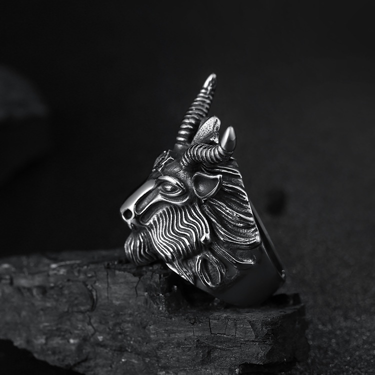 Fashion Big Sheep Goat Horn Head Ring Satan Worship For Men Unique Biker Punk Animal Jewelry_voghion.com