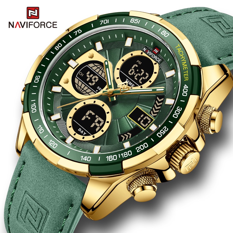 NAVIFORCE men's watch Sport Quartz Watches Luxury Brand Leather Waterproof LCD Digital Wristwatch 9197