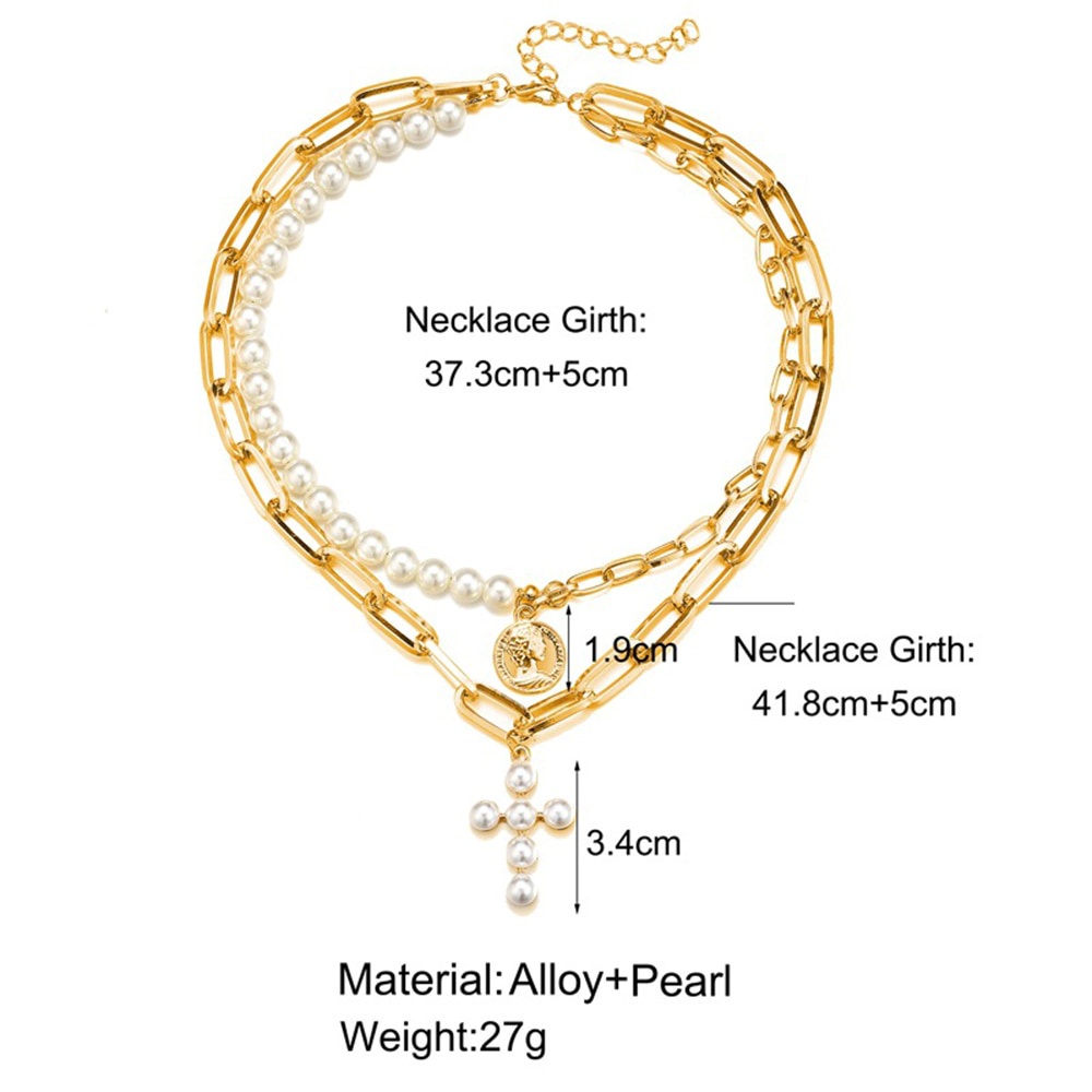 Collana multistrato con ciondolo a croce moneta e perla donna_voghion.com