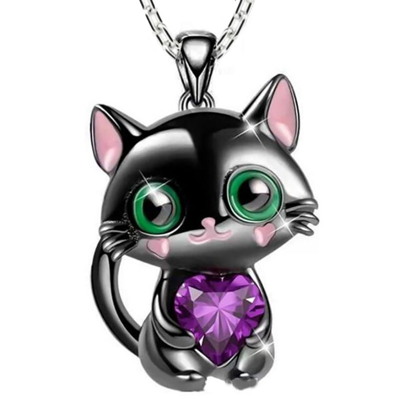 Collier pendentif chat noir cœur en cristal pour femme et homme_voghion.com