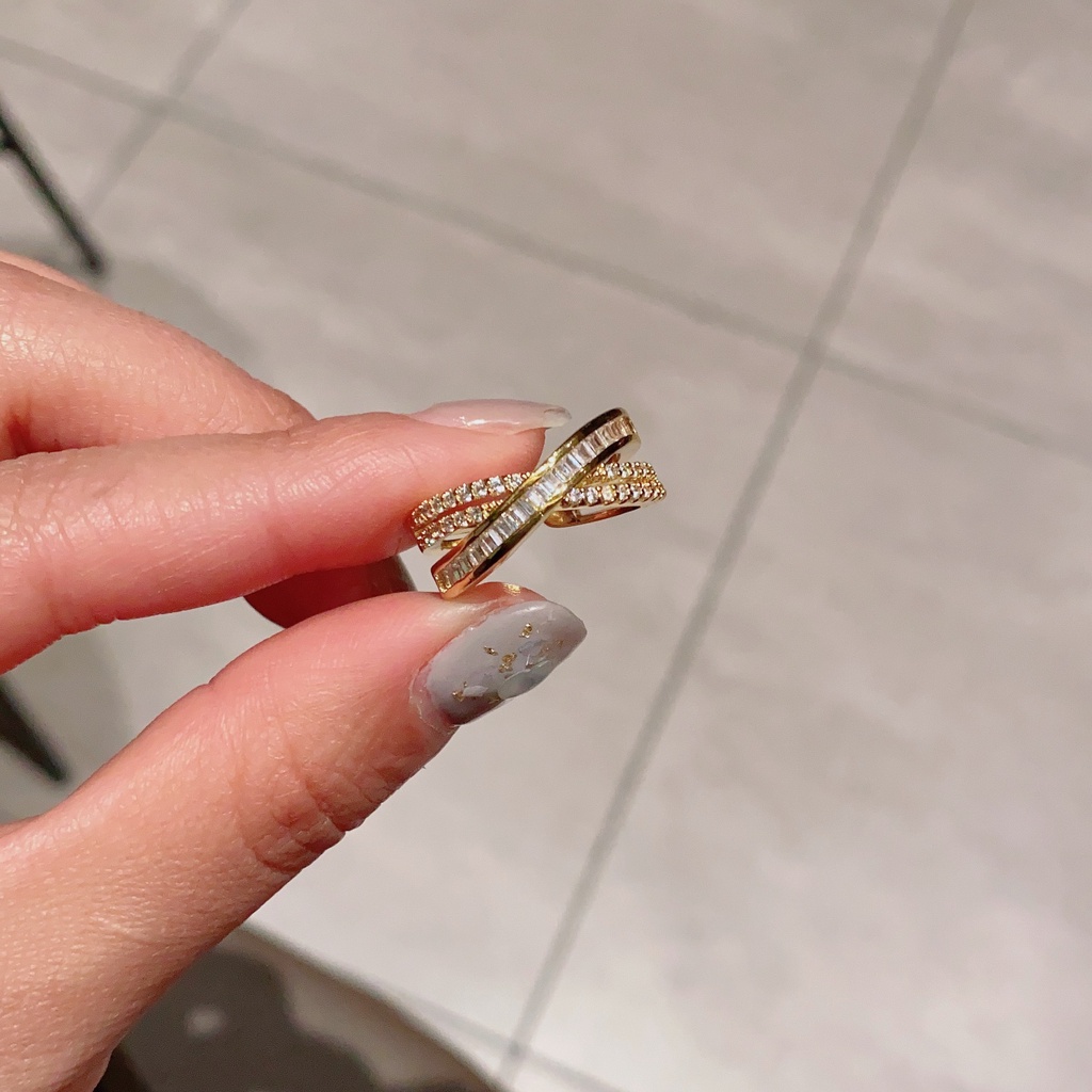 Anello aperto a forma di X regolabile con zirconi incrociati alla moda coreana_voghion.com