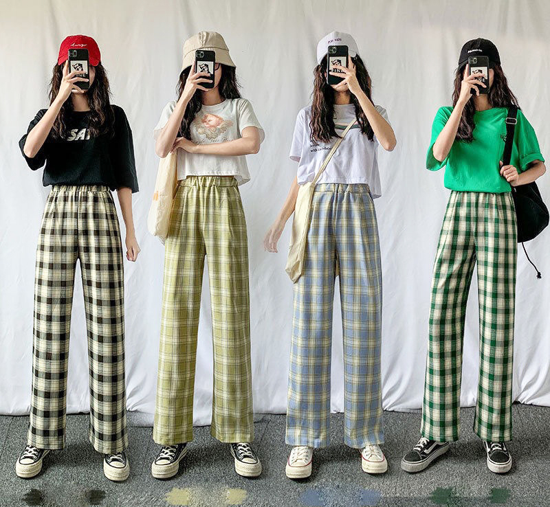 Women Plaid Pants Fashion Wide Leg Pants Ins Harajuku Casual Loose