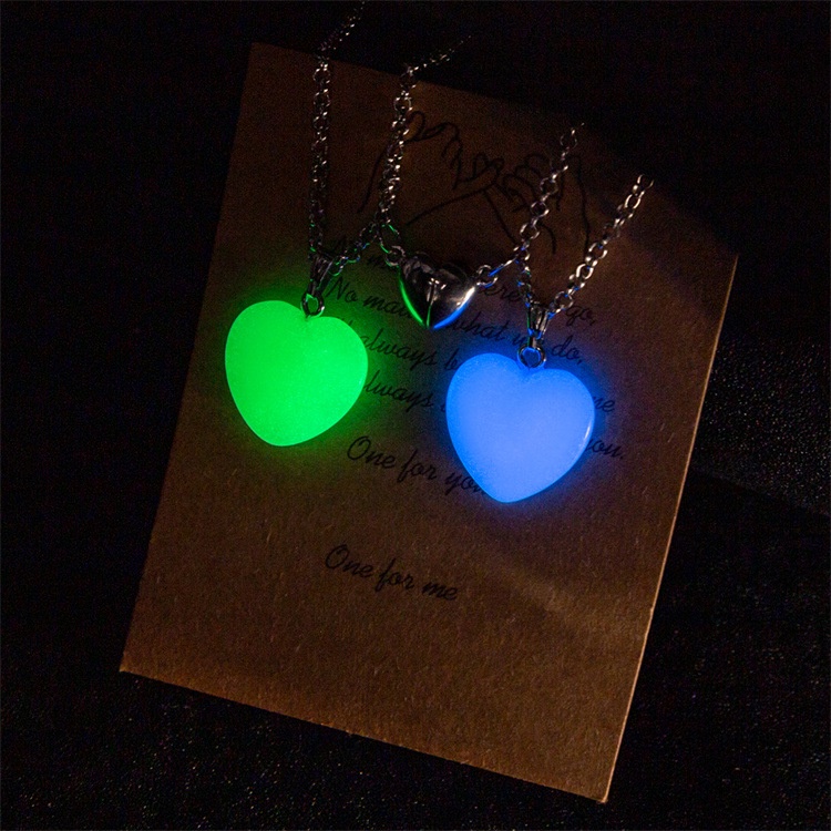 2Pcs/Set Luminous Hexagonal Column Heart Pendant Couple Magnetic Necklace Natural Stone Geometric Pendant Necklace set_voghion.com