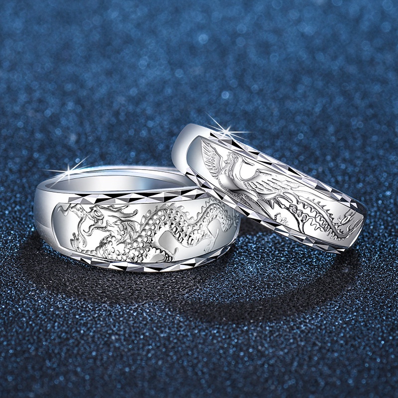 Dragon And Phoenix Couple Ring Adjustable Open Design Unisex_voghion.com
