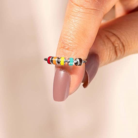 New Anxiety Rings Colorful Enamel Unisex Fidget Ring with Bead Worry Stress Relief_voghion.com
