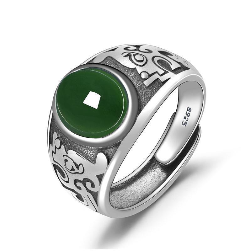 Anello da uomo placcato in argento con diaspro di giada Hetian imitazione Anello aperto con smeraldo vintage_voghion.com