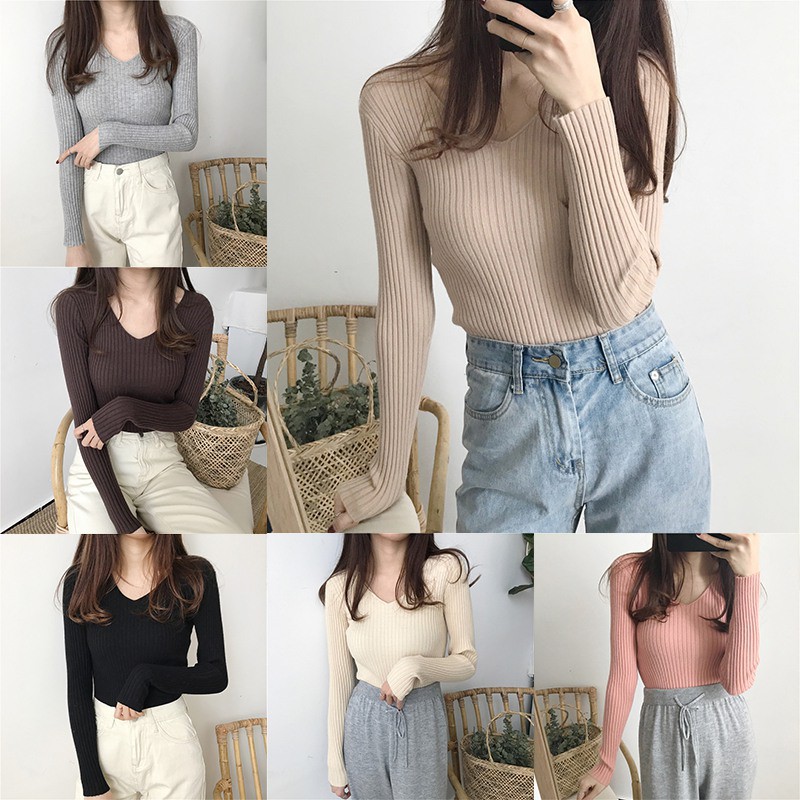 Tops Women Autumn Winter Slim Fit Fashion Casual Solid Color V