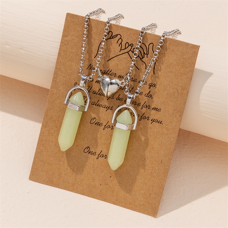 2Pcs/Set Luminous Hexagonal Column Heart Pendant Couple Magnetic Necklace Natural Stone Geometric Pendant Necklace set_voghion.com