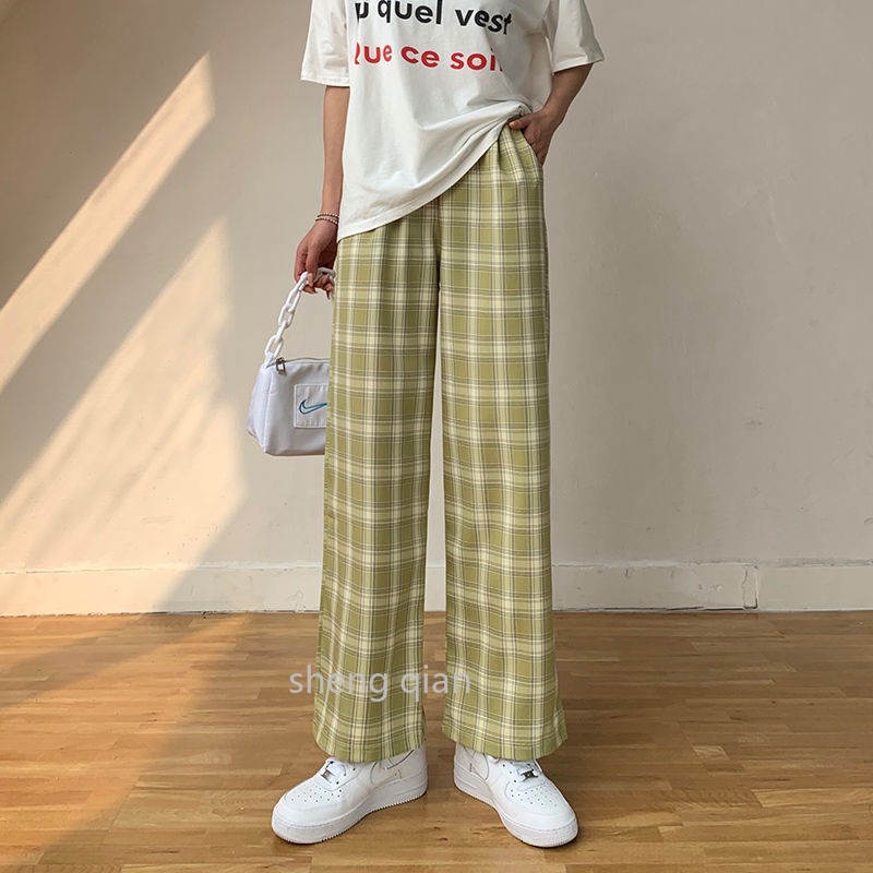 Green Plaid Women Pants, Loose Plaid Pants Korea