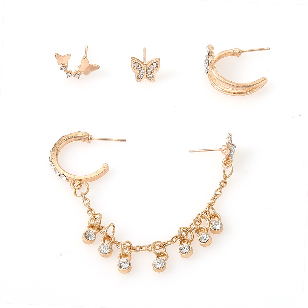 Butterfly Chain Rhinestone Tassel Stud Earrings Set For Women_voghion.com