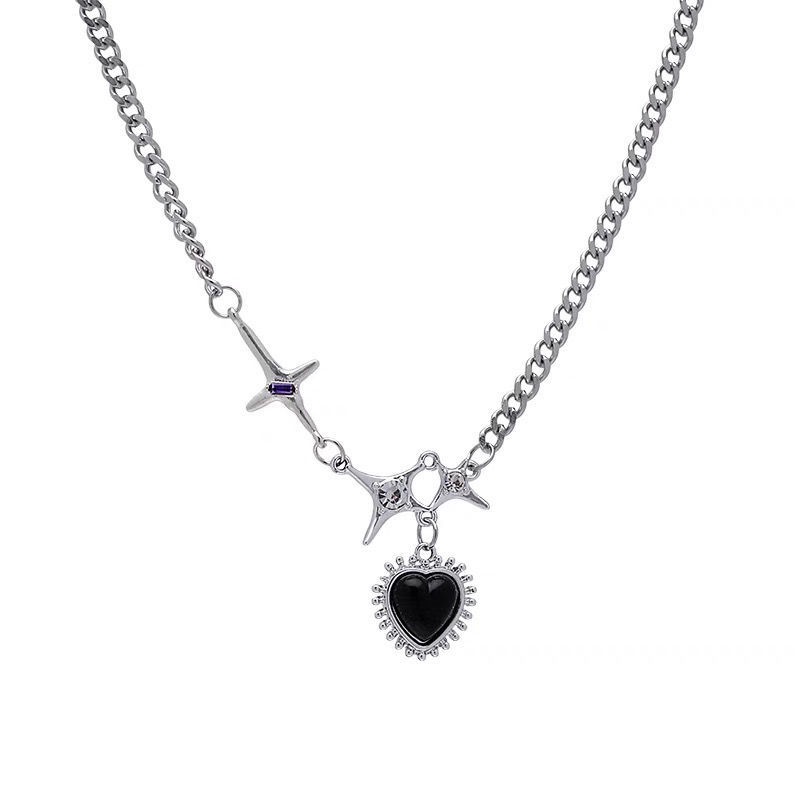 Collana con ciondolo a forma di cuore nero, punk, con strass lucidi, a forma di stella, a catena asimmetrica, per donne, con catena al collo_voghion.com